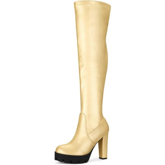 Women's Gold Platform Boots Chunky Heel Over Knee High Rounded Toe Long Boots - Picture 1 of 6
